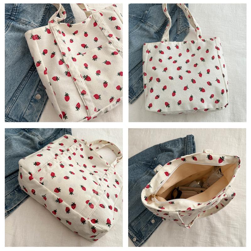 Forest Fresh Corduroy Handbag Strawberries Sweet Versatile Shoulder Bag Large Capacity Commuter Women'S Tote Bag