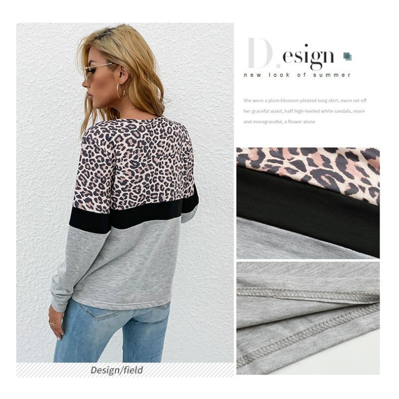 Leopard Print Patchwork Long Sleeved Top Women's V-neck Pullover Casual Hoodie Loose Simple Commut Bottoming Shirt Autumn