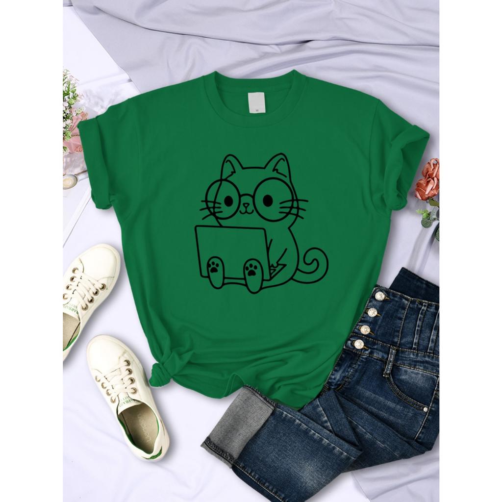 Cat Pattern Printing Women's T-shirt Personality Trend Casual Clothing Street Creative Tops Daily Fashion