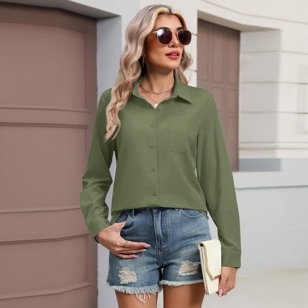 Camisa casual de manga larga para mujer con bolsillos