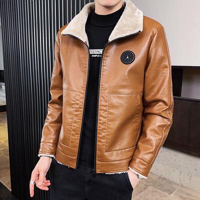 Leather Jacket Men's Autumn and Winter Lapel Short Motorcycle Korean Style Trendy Slim Plus Velvet Leather Jacket Handsome and Trendy Flight Suit