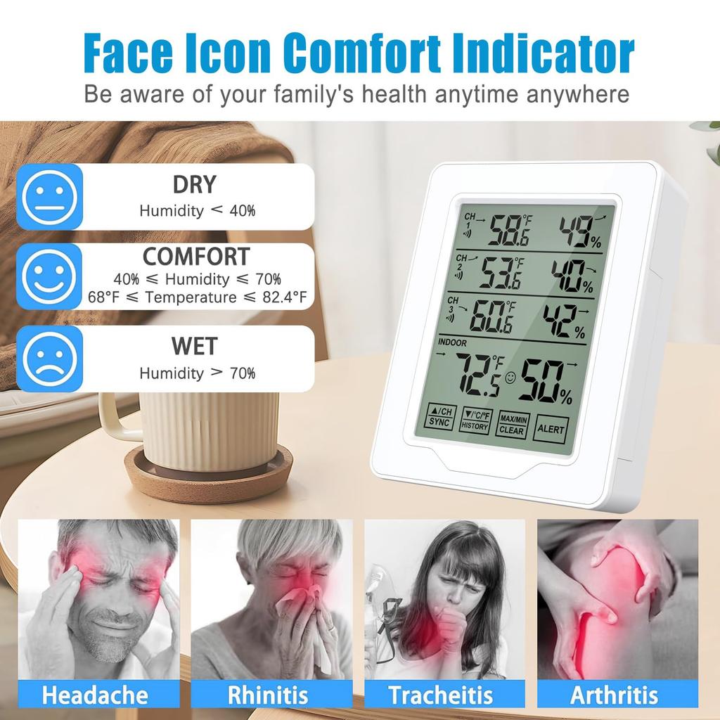 Multiple Room Wireless Thermometers Hygrometer 3 Sensors Indoor Outdoor Temperature Humidity Monitoring Display Alarm