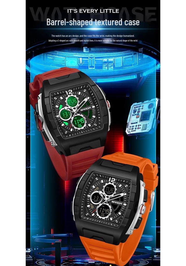 Sanda Men's Sports Barrel-Shaped Luminous Countdown Watch with Triple Time Zone and Dual Display, Waterproof Design.