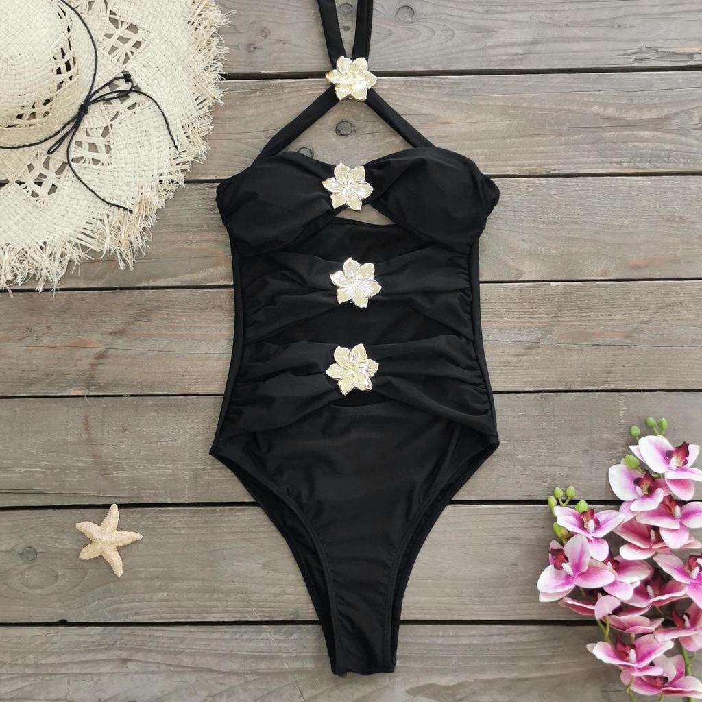 2025 Women's Solid Color One-Piece Swimsuit Set with Short Skirt & Metal Accents