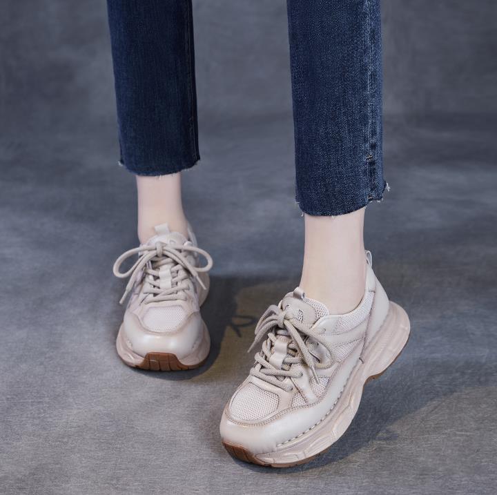 Fashion 4CM New Fashion Women Thick Bottom Casual Sneakers Lace-Up Genuine Leather Air Mesh Breathable College Style Flat Platform Shoes