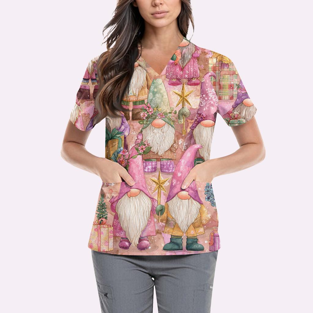 Women's Cute Printed Work Clothes V-neck Double Layer Pockets Basic Short Sleeve Top Pullover Valentines
