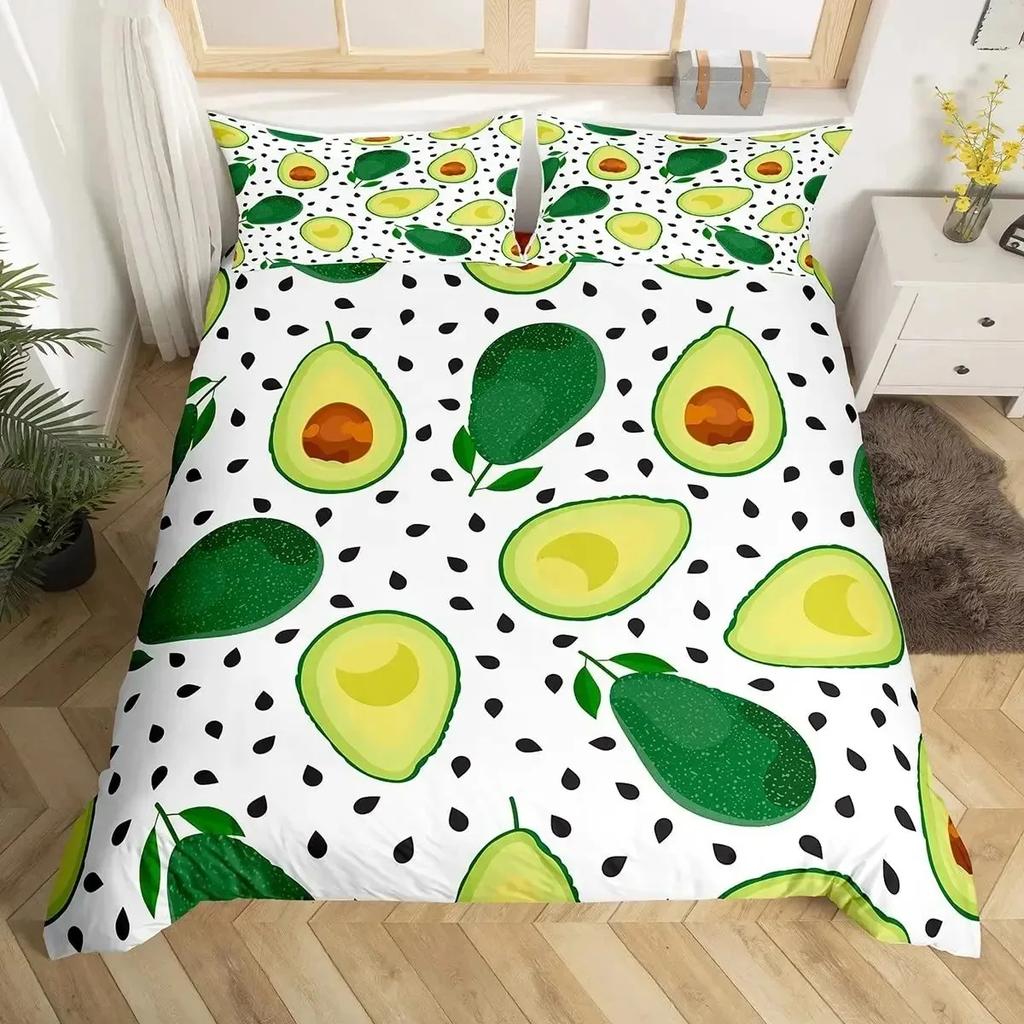 Avocado Duvet Cover Set Queen Size 3D Printed Cartoon Funny Faces Avocado Bedding Set Green White,Tropical Botanical Quilt Cover