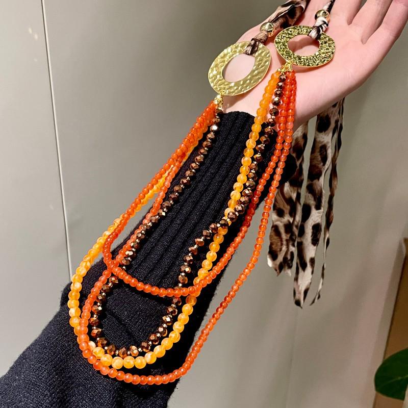 Leopard Print Silk Scarf Belt & Retro Orange Crystal Beaded Necklace Choker