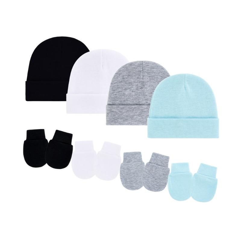 4 Set Baby Bonnet Cap Feature Foldable Edge with Mittens Cotton Fabric Gentle On Sensitive Skin Multiple Color Available