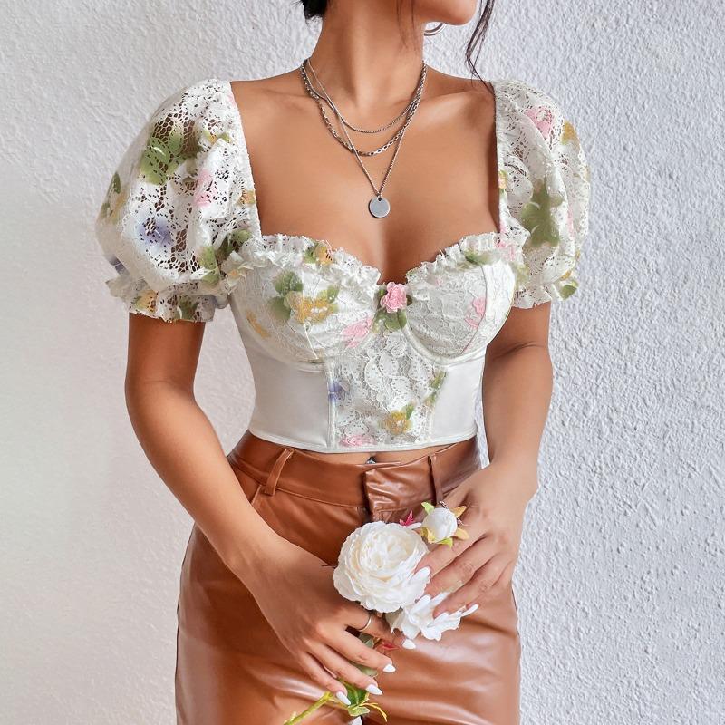 Street Backless Puff Sleeve Sexy Shirt Women with Steel Ring Fishbone Vintage Slim Fit Sexy Crop Tops for Women Print Elegant Blouses 24441