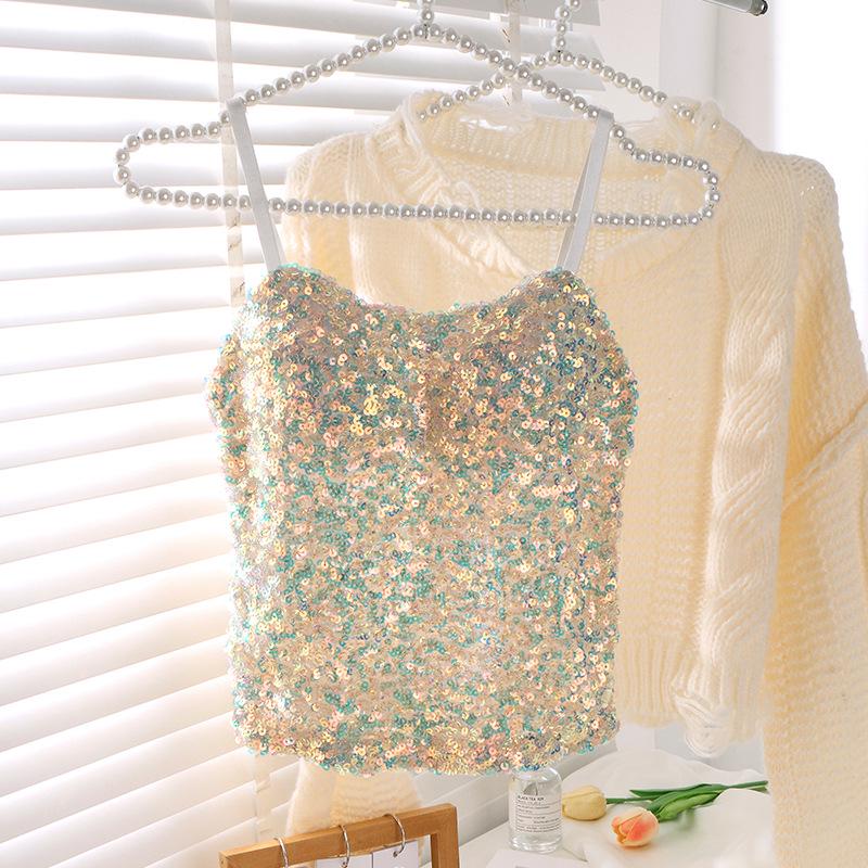 European Style Colorful Sequin Slim-Fit Bandage Camisole Vest for Women