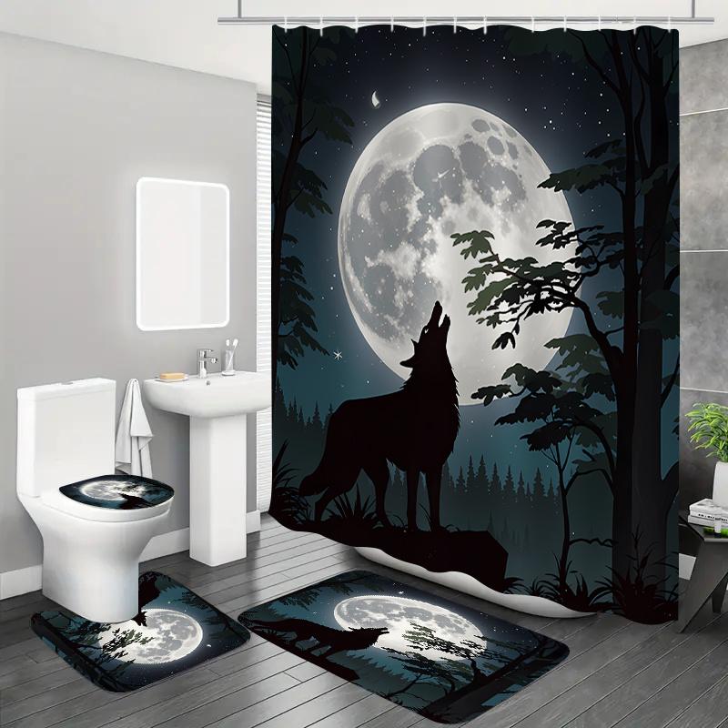 Wolves Howling At Night Shower Curtain Set With 12 Hooks, Bathroom Mat, Toilet Seat Cover & U-Shaped Rug - Polyester, All-Season
