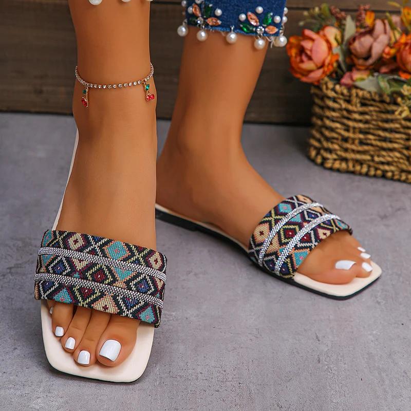 Fashion Bohemian Mix Color Flat Slides for Women Retro Square Toe Low Heel Slippers Woman Summer Beach Soft Bottom Slippers Female