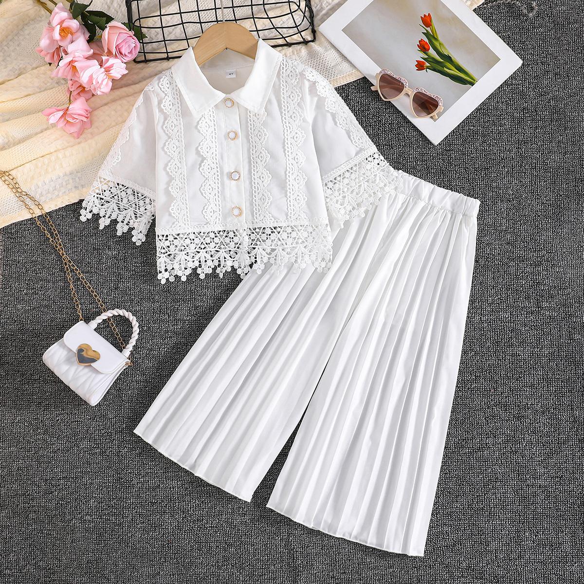 Kids 2-Piece Outfit, Lace Trim Button-Down Shirt & Pleated Wide Leg Pants, Casual Summer Set 2-3Y белый дыма