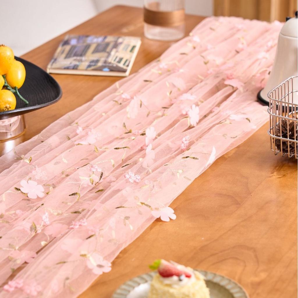 Boho Floral Embroidered Lace Tablecloth Sheer Tulle Table Cover Vintage Aesthetic Table Runner for Shower Birthday Wedding Party