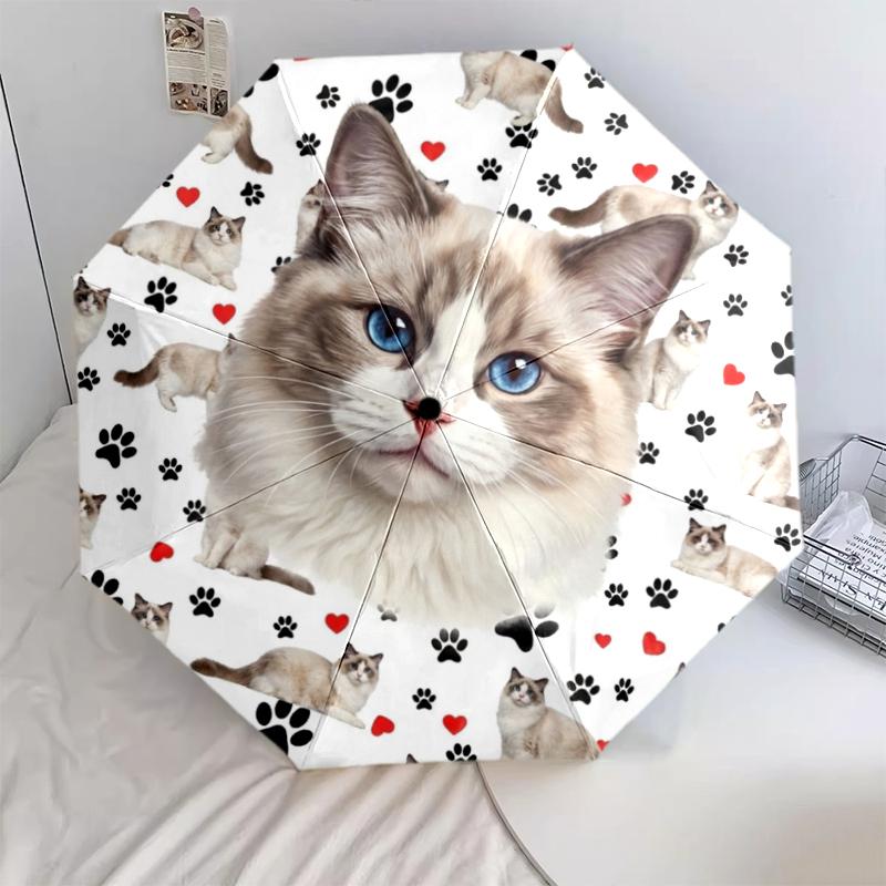 1 Stück Automatischer Faltregenschirm - Süßes Katzen-Hasen-Muster, Tragbares & Faltbares Design mit 8 Speichen, Weihnachts-Geburtstagsgeschenke