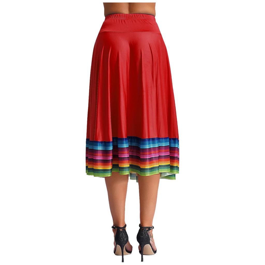 Womens Flamenco Dance Skirt Colorful Stripe Hem Elastic Waistband Folk Dancing Stage Performance Costume