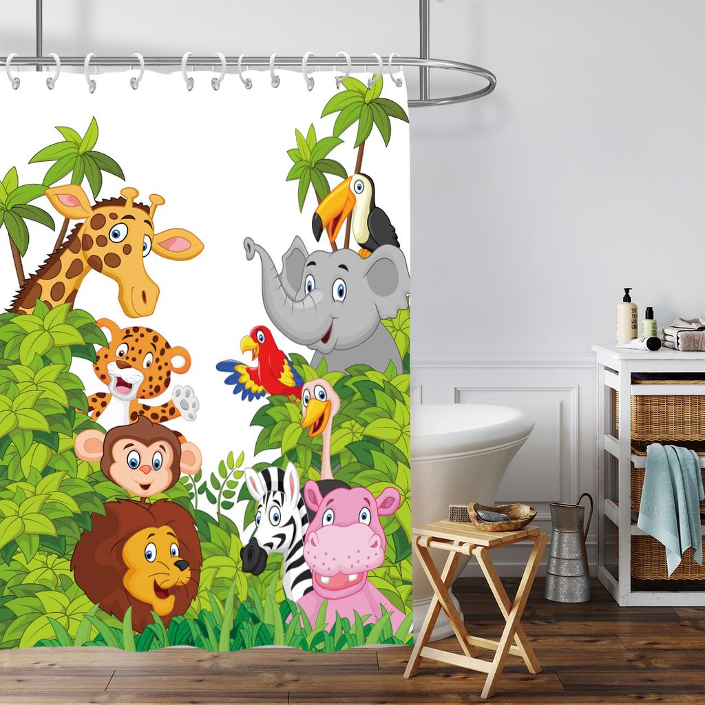 1pc Zoo Printed Waterproof Shower Curtain Bathe Partition Privacy Hanging Curtain with 12 Hooks Multiple Sizes Machine Washable