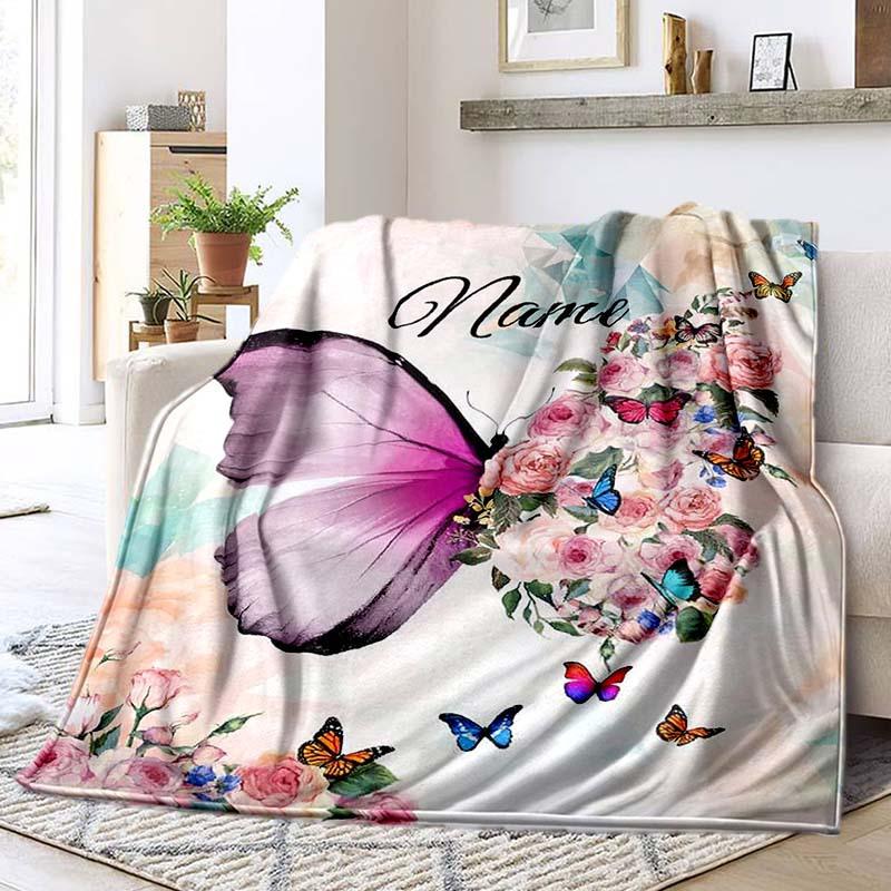 Butterfly Flower Customize Your Name Blanket Warm Comfortable Soft Blanket For Chair Office Sofa Bed Sofa Office Camping Suitable For Gifting