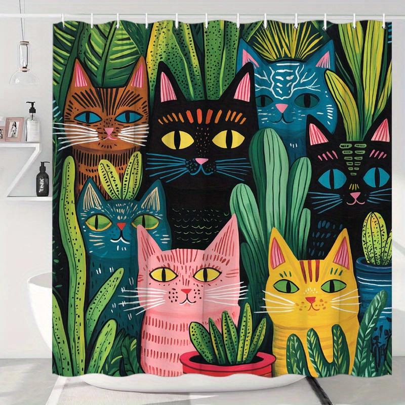 

Modern Abstract Shower Curtain Boho Cat And Cactus Pattern Creative Bathroom Decor Set With Hooks W60H190(CM)-1 Pcs
