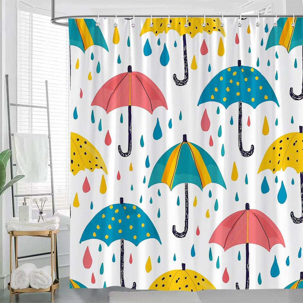 Colorful Umbrellas and Raindrops Shower Curtain Vibrant Pattern with Pink Yellow and Blue Umbrellas Rainy Day Weather Bathroom