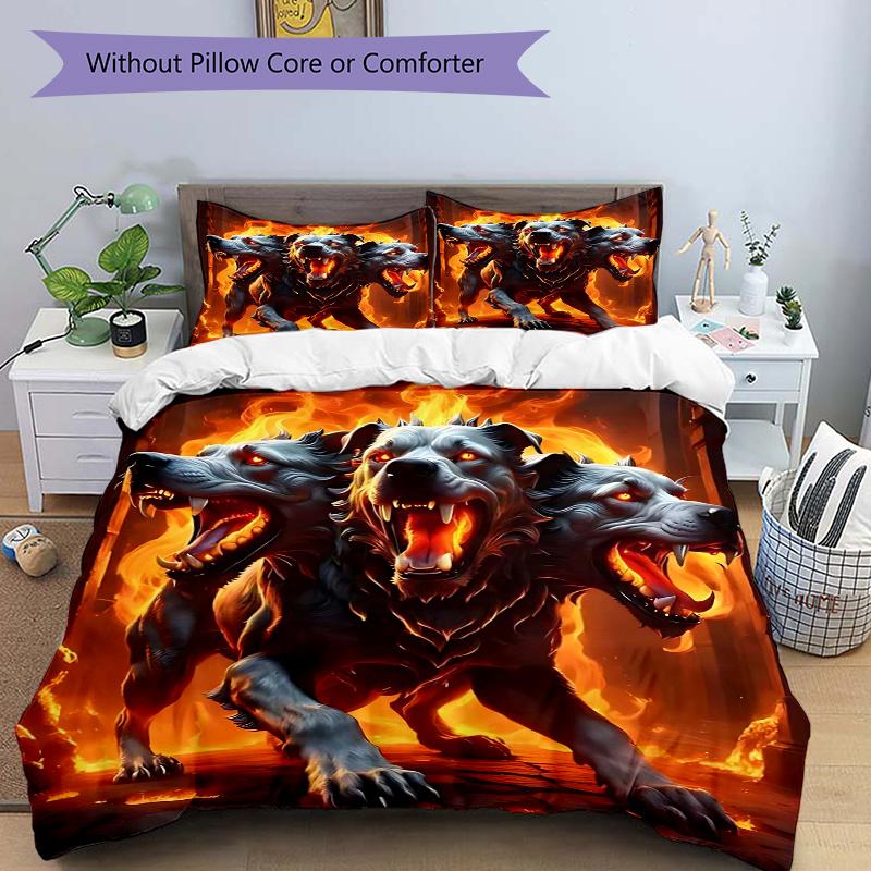 3pcs Anime Cartoon Design Three-Headed Dog with Fire Print - Includes One Quilt Cover and Two Pillowcases (No Core) - Polyester Fabric, Perfect for Be 135x200cm