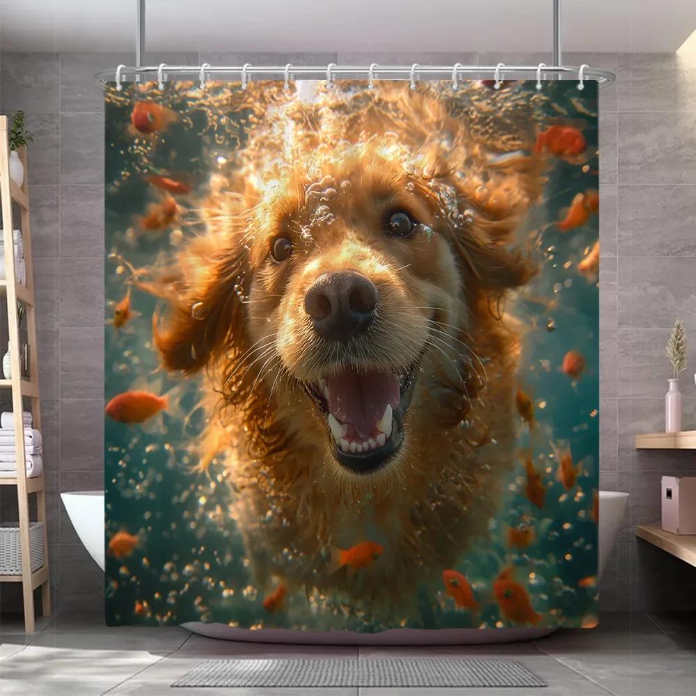 Cute Puppy & Fish Shower Curtain - Fun Underwater Design for Kids' Bathroom Décor, Waterproof, Easy Care & Adorable Style
