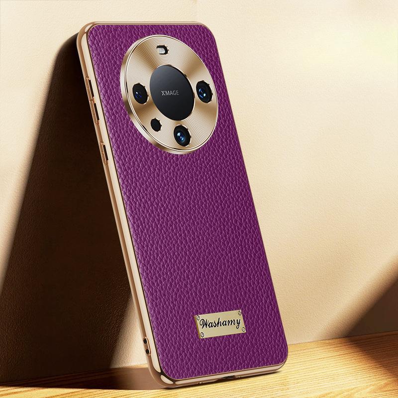 Suitable for Huawei Mate60pro Mobile Phone Case Electroplated Lychee Pattern Mate60 Lens Full-pack Anti-fall M60 Leather Case