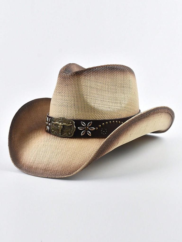 Western Style Straw Cowboy Hat With Decorative Belt Summer Sun Hat Beach Vacation Cap