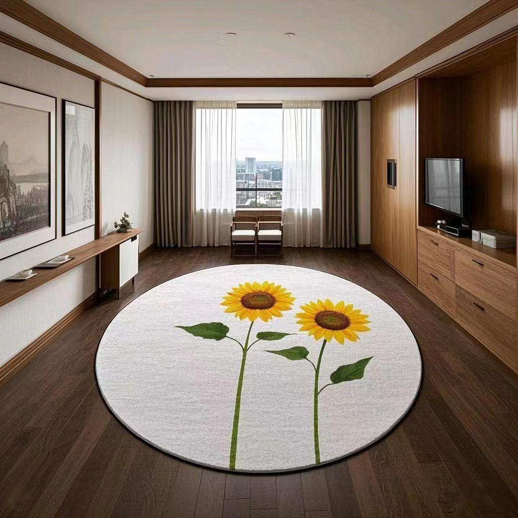 Zonnebloem Patroon Slaapkamer Decor Rond Tapijt Dik Pluche Tapijten voor Woonkamer Pluizig Zacht Bedside Kleed Thuis Wasbare Vloermat 160*160cm