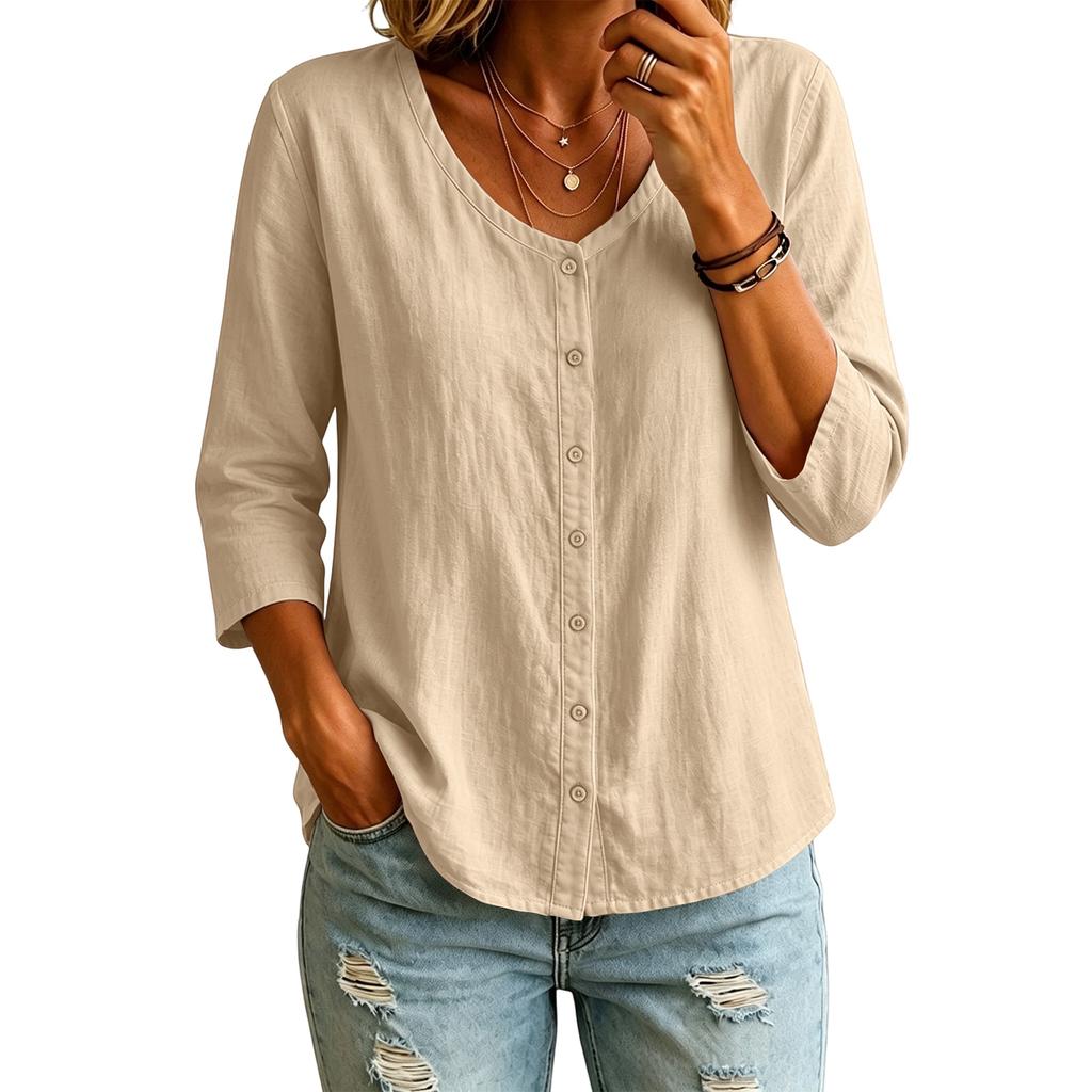 Camicia da donna a maniche lunghe in cotone con scollo a U e bottoni