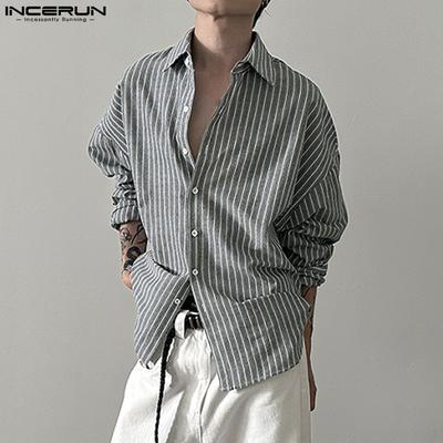 Camisas Masculinas Oversized com Gola Lapela, Manga Longa, Listradas, Casuais e Largas