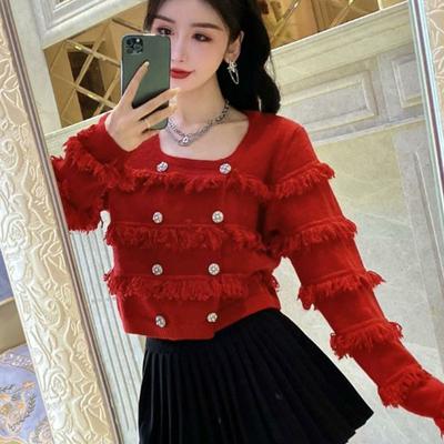 Strickjacke Square Neck Quaste Gestrickte Mantel Frauen Kurze zweireiher Strickjacke Frühling und Herbst Pullover Strickjacke Weibliche Top