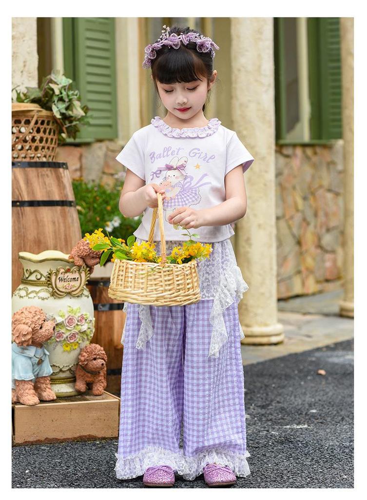 Girls' 2026 Summer Lace T-Shirt & Cake Skirt Set with Mosquito Repellent Pants
