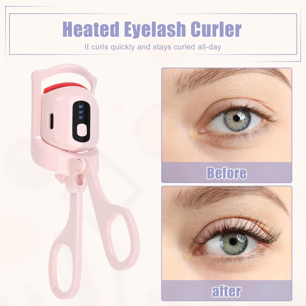 VOCOSTE Heated Eyelash 3 Heating Rechargeable Eyelash Curler with Digital Electric Eyelash Curler that Lifts and Curls Pink Curler, Modes, Display,