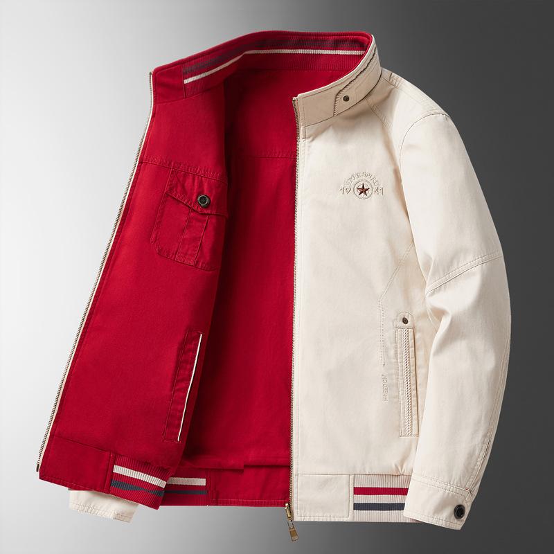 Spring and Autumn Men's Stand Collar Pure Cotton Washed Slim Coat Flight Jacket Male