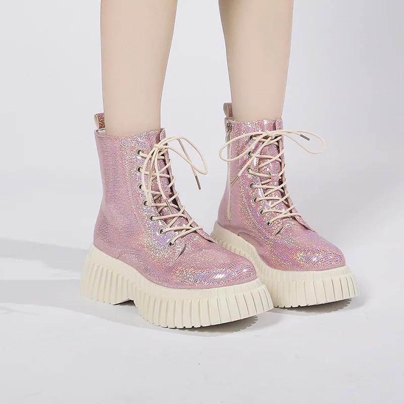 Mode koreansk mode glittriga paljetter snörstövlar kilklack tjocksulade skor höst vinter kvinna varma plattformar ankelstövlar