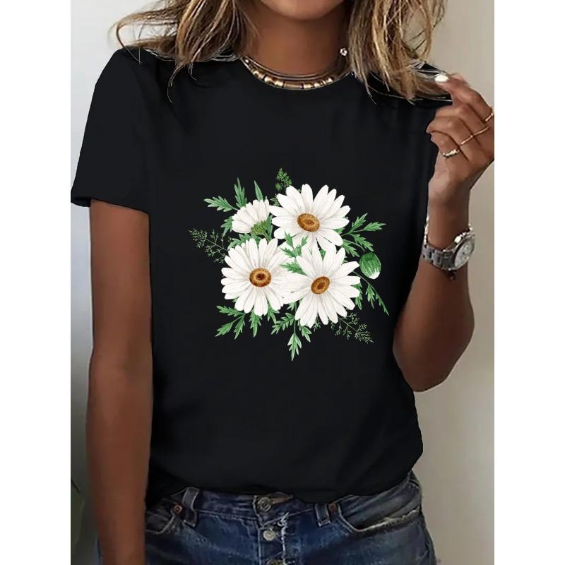 

Women s Oversized T-Shirt - Black & White Daisy Floral Print Loose Fit Casual Short Sleeve Top, Everyday Comfortable Shirt for Women 4XL чорний