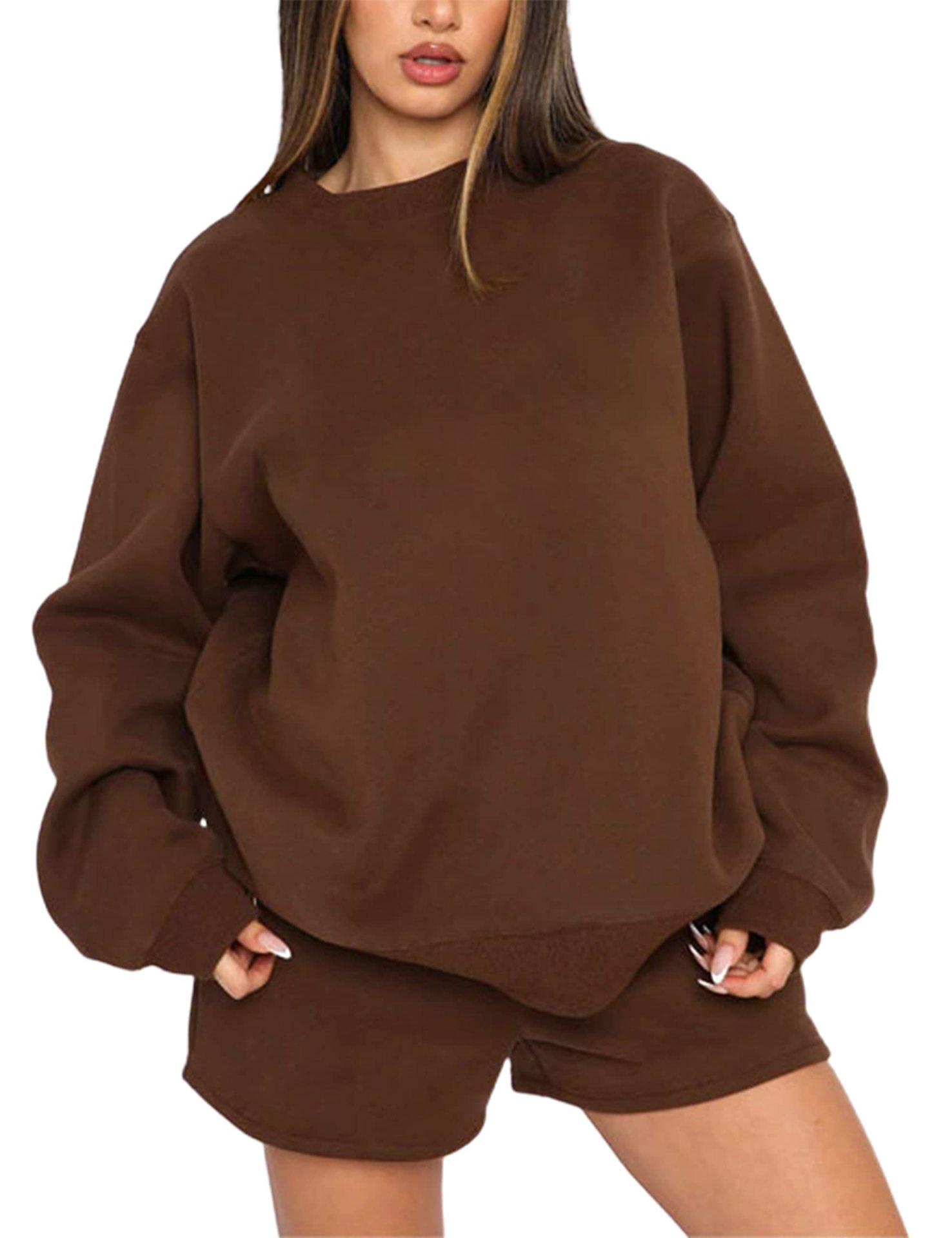 

MAITA женский свободный модный повседневный однотонный спортивный костюм с круглым вырезом спортивный синий белый комплект одежды для фитнеса XL кофейный