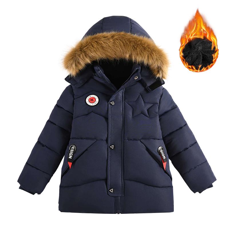4-10 Years Boys' Autumn Winter Fleece Warmth Cotton Clothing with Fur Collar Kids Fashion Thick Hooded Sports Jacket Parka