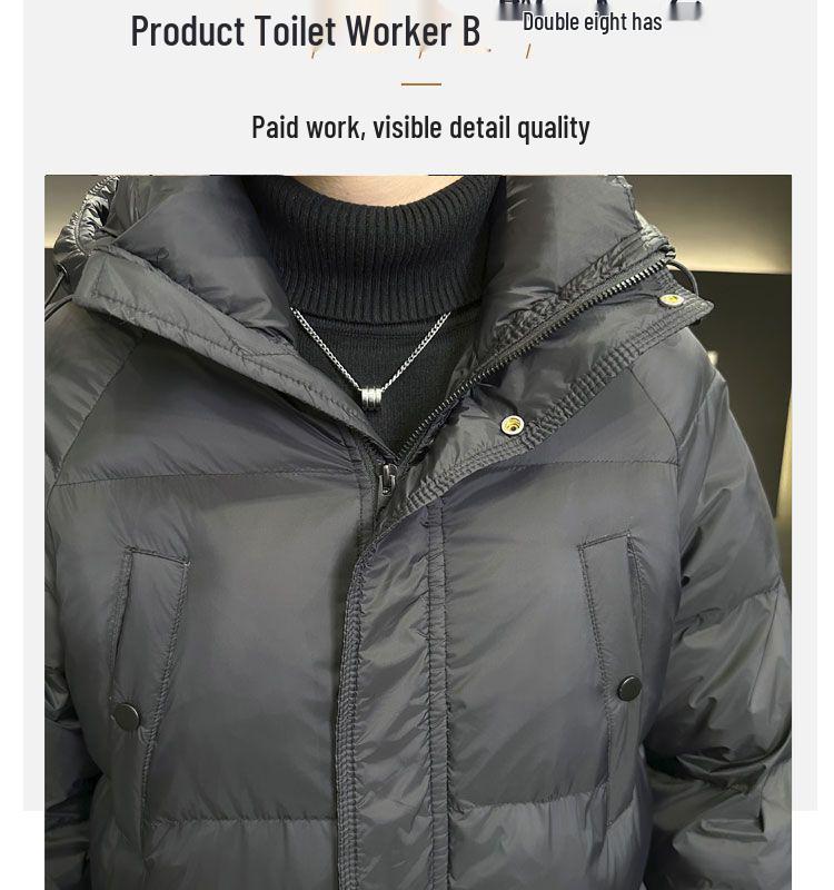 Męska Wysokiej Jakości Kurtka Puchowa Średniej Długości z Kapturem - Ciepła, Modna, Gruba Kurtka za Kolano