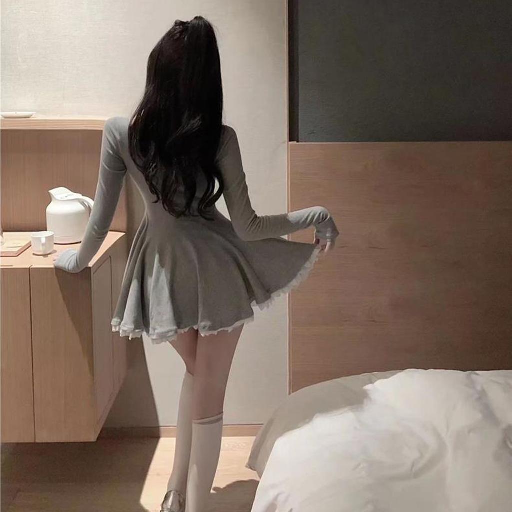 Seksowna damska sukienka typu księżniczka z długimi rękawami i koronkowymi brzegami