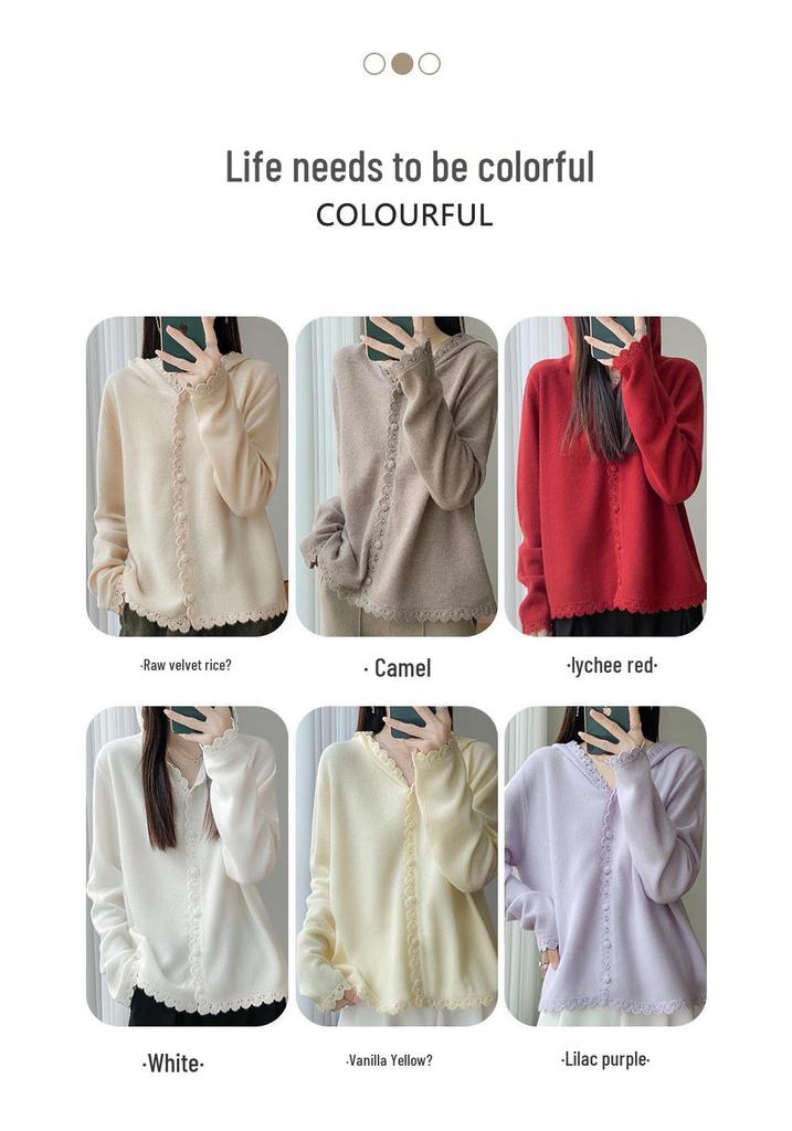 Women's 2025 Wool Knit Lace Button-Up Hooded Cardigan - Solid, Loose, Versatile Base Layer