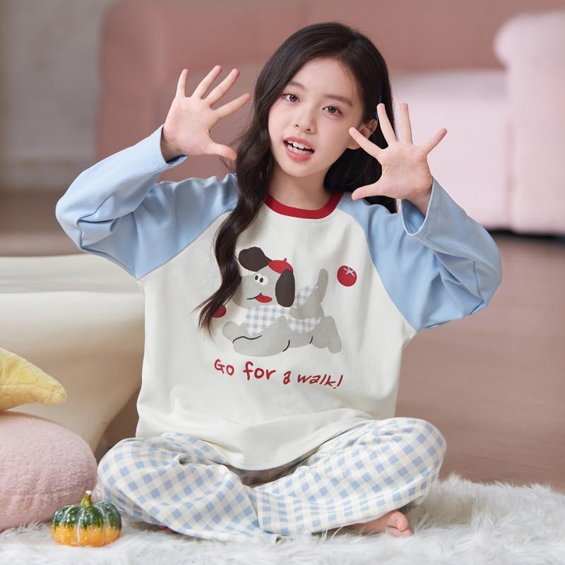 Girls Cotton Pajama Set Long Sleeve Round Neck Cartoon Print Sleepwear Kids Teens Home Wear