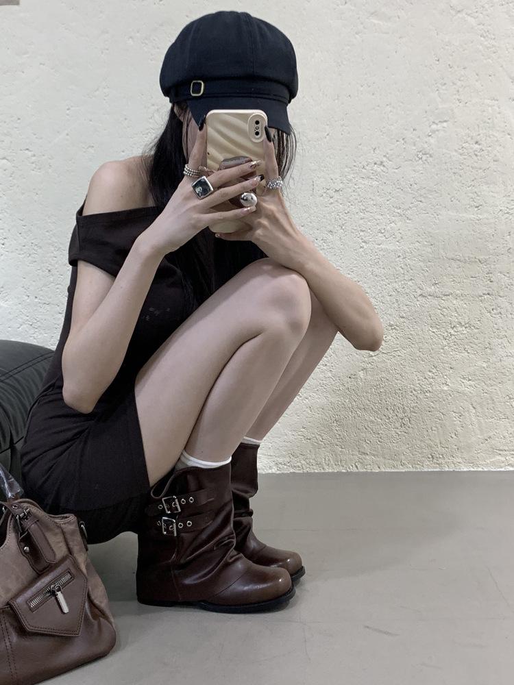 Coarse Heel Trousers Black with Skirt Martin Boots Women's Shoes 2025 New Brown Maillard Short Boots Spring and Autumn Single Boots