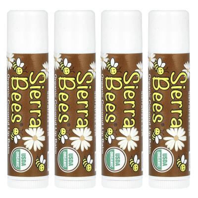 Organic Lip Balm, Coconut, 4 Pack, .15 Oz (4.25 G) Each