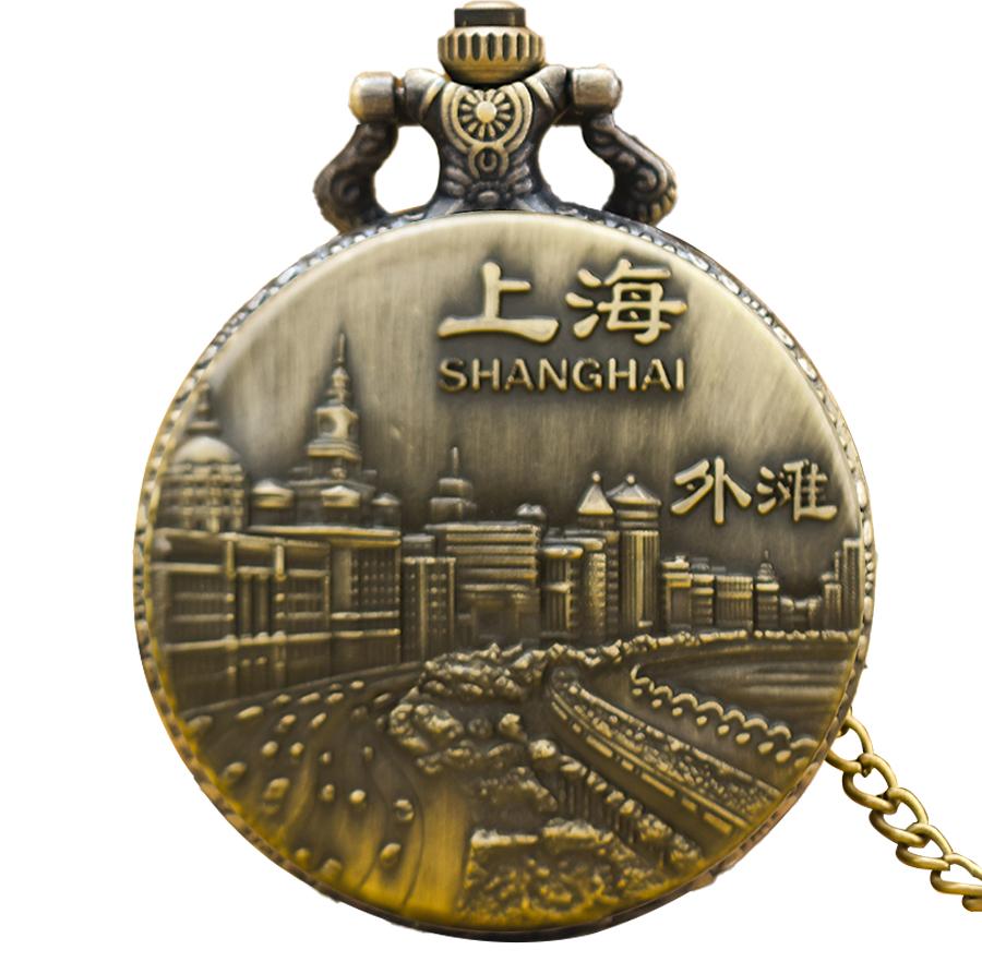 

Vintage Bronze Clamshell China Shanghai Bund Scenic Necklace Quartz Pocket Watch Souvenir Gift For Male And Female Students бронзовый