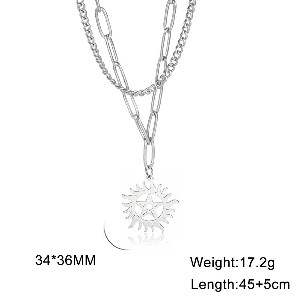 Cazador Sun Wheel Pentagram Charm Necklace for Women Men Supernatural Dean Amulet Sweater Chain Stainless Steel Collars Couple