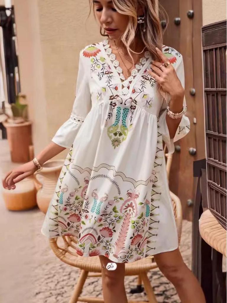 2026 Women's Summer V-neck Lace Patchwork Casual Printed Dress
