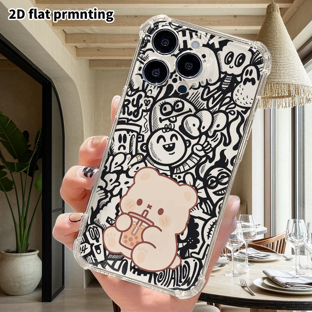 Phone Case: 2D Flat Suitable for iPhone 18 17 16 15 14 13 Pro, Transparent Four Corner Protective Case, Milky White Little Bear, Christmas and Hallowe